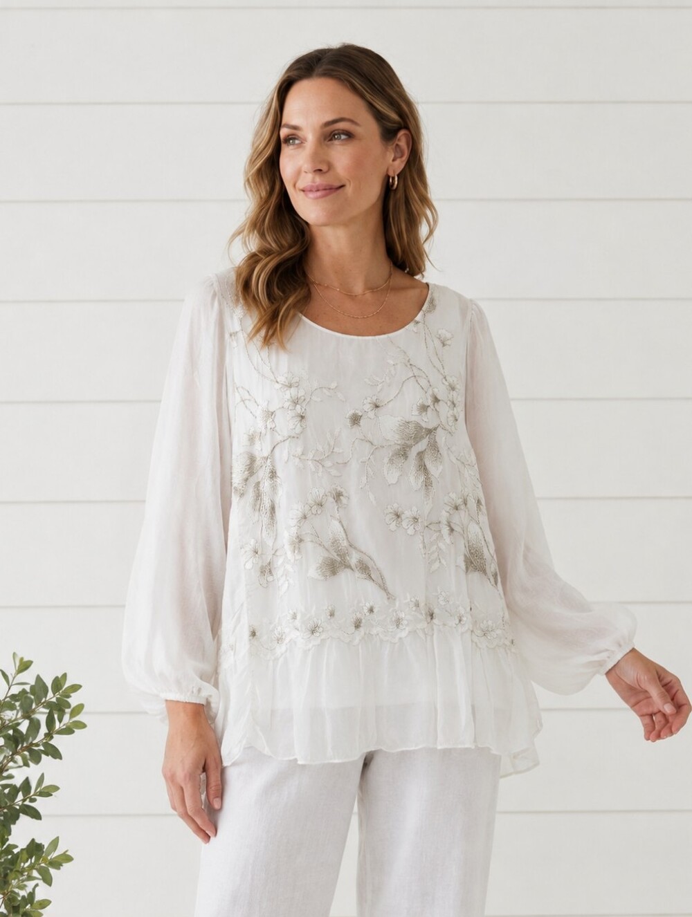 Elena Baldi Silk Blend Embroidered Sheer Blouse Quiet Luxury Italian Fairy Sz S